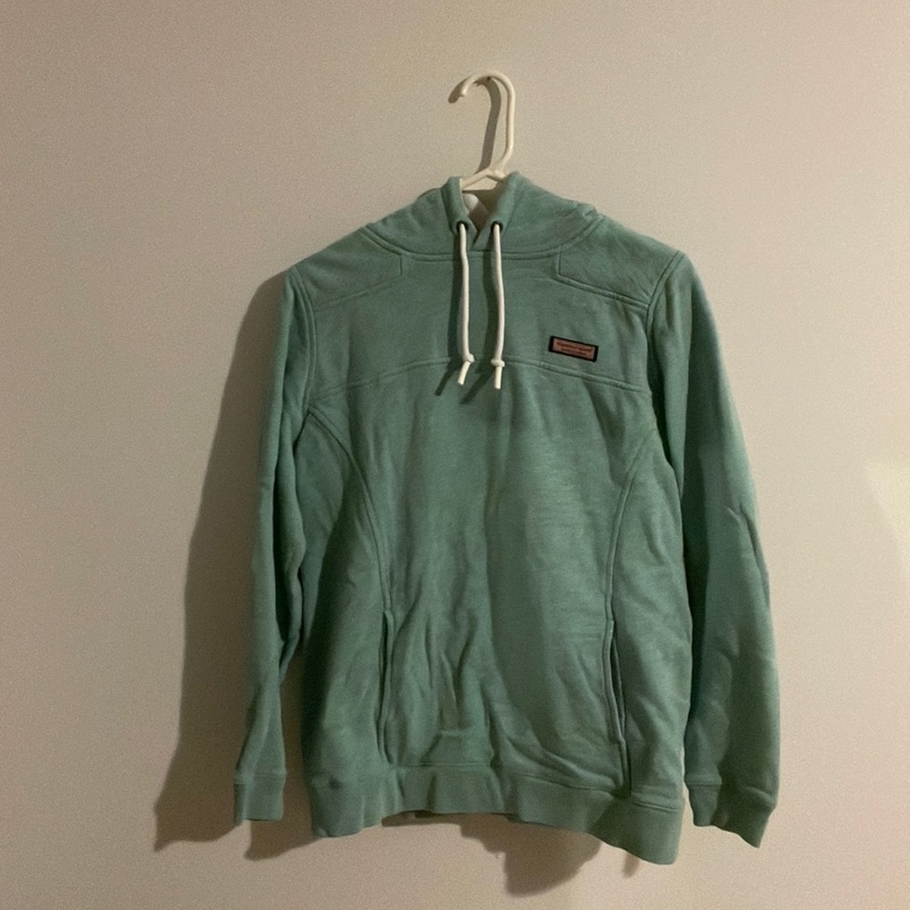 light blue preformance Vinyard Vines sweatshirt with striped hood
